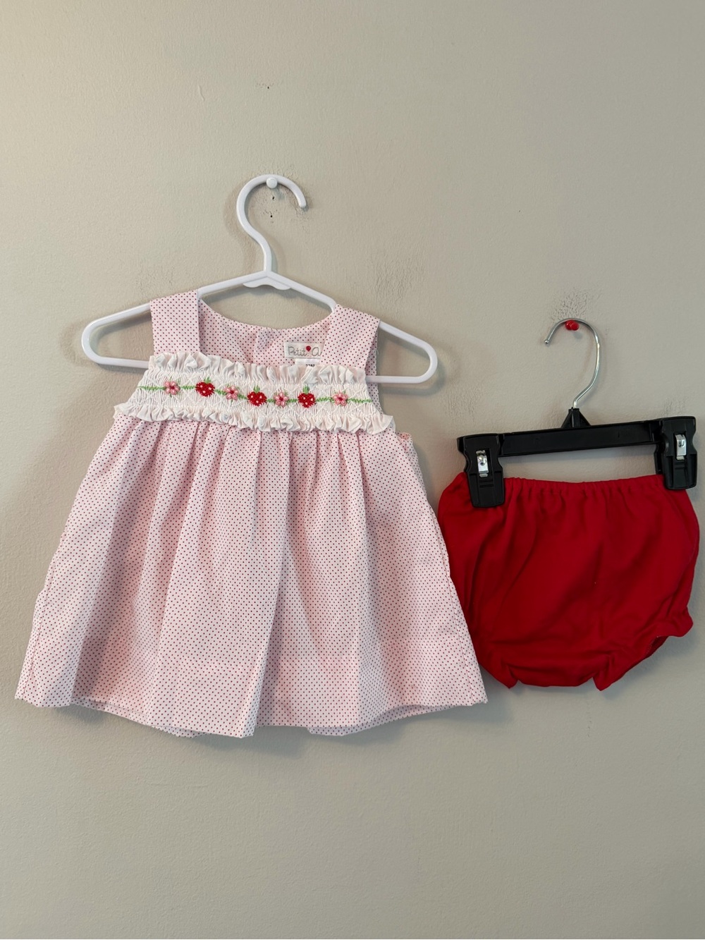 Petit Ami Floral and strawberry Smocked Baby Dress with Red Bloomer Set